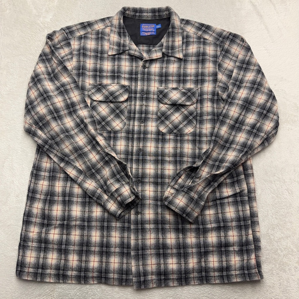 Pendleton Board Shirt Mens 2XL Tall Grey Plaid Virgin Wool Button Down Shirt